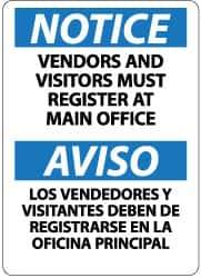NMC - "Notice - Vendors and Visitors Must Register at Main Office", 14" Long x 10" Wide, Aluminum Safety Sign - Rectangle, 0.04" Thick, Use for Security & Admittance - Exact Tool & Supply