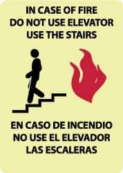 NMC - In Case of Fire - Do Not Use Elevator - Use the Stairs, Plastic Fire and Exit Sign - 10" Wide x 14" High, English/Spanish, Glow-in-the-Dark - Exact Tool & Supply