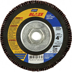 Norton - 36 Grit, 4-1/2" Disc Diam, 5/8-11 Center Hole, Type 27 Ceramic Alumina Flap Disc - 13,000 Max RPM, Cloth Backing, Arbor Attaching System, Coated - Exact Tool & Supply