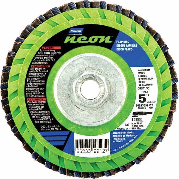 Norton - 60 Grit, 5" Disc Diam, 5/8-11 Center Hole, Type 27 Ceramic Alumina Flap Disc - 12,000 Max RPM, Polyester Backing, Arbor Attaching System, Coated - Exact Tool & Supply