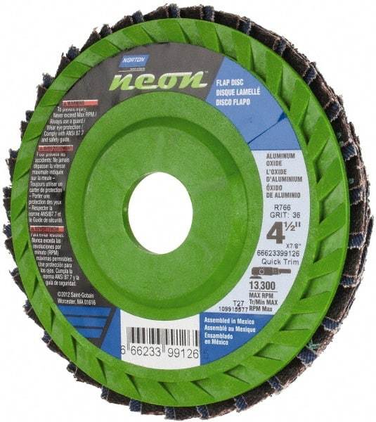 Norton - 36 Grit, 4-1/2" Disc Diam, 7/8" Center Hole, Type 27 Ceramic Alumina Flap Disc - 13,300 Max RPM, Polyester Backing, Arbor Attaching System, Coated - Exact Tool & Supply