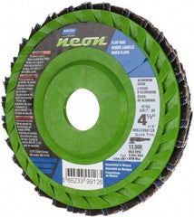 Norton - 36 Grit, 4-1/2" Disc Diam, 7/8" Center Hole, Type 27 Ceramic Alumina Flap Disc - 13,300 Max RPM, Polyester Backing, Arbor Attaching System, Coated - Exact Tool & Supply
