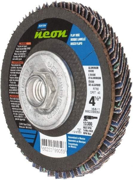 Norton - 40 Grit, 4-1/2" Disc Diam, 5/8-11 Center Hole, Type 27 Ceramic Alumina Flap Disc - 13,300 Max RPM, Polyester Backing, Arbor Attaching System, Coated - Exact Tool & Supply