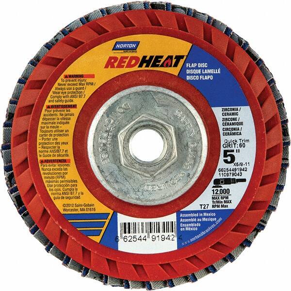 Norton - 40 Grit, 5" Disc Diam, 5/8-11 Center Hole, Type 27 Ceramic Alumina Flap Disc - 12,000 Max RPM, Cloth Backing, Arbor Attaching System, Coated - Exact Tool & Supply