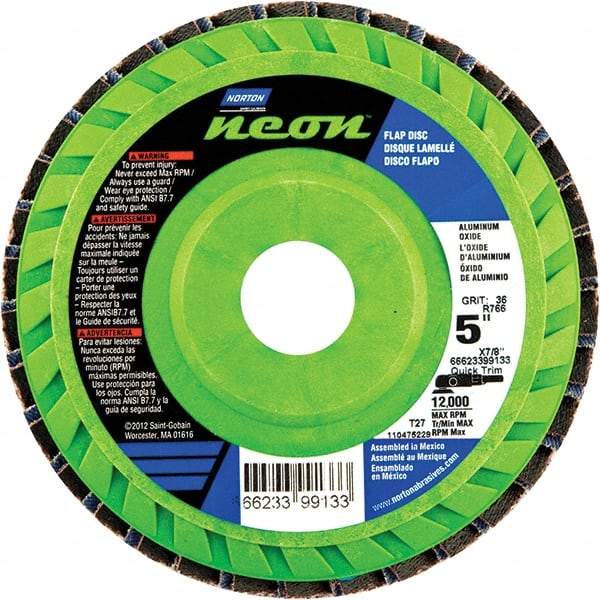 Norton - 80 Grit, 5" Disc Diam, 7/8" Center Hole, Type 27 Ceramic Alumina Flap Disc - 12,000 Max RPM, Polyester Backing, Arbor Attaching System, Coated - Exact Tool & Supply