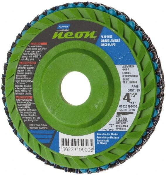 Norton - 80 Grit, 4-1/2" Disc Diam, 7/8" Center Hole, Type 27 Ceramic Alumina Flap Disc - 13,300 Max RPM, Polyester Backing, Arbor Attaching System, Coated - Exact Tool & Supply