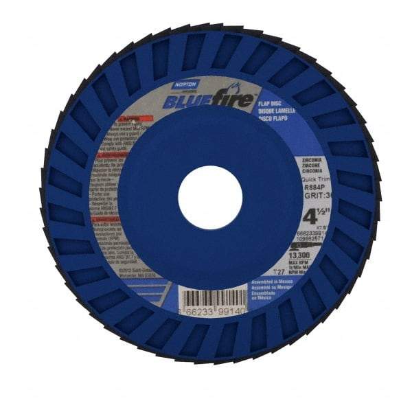 Norton - 36 Grit, 4-1/2" Disc Diam, 7/8" Center Hole, Type 27 Zirconia Alumina Flap Disc - 13,300 Max RPM, Cloth Backing, Arbor Attaching System, Coated - Exact Tool & Supply