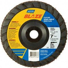 Norton - 120 Grit, 7" Disc Diam, 7/8" Center Hole, Type 27 Ceramic Alumina Flap Disc - 8,600 Max RPM, Polyester Backing, Arbor Attaching System, Coated - Exact Tool & Supply