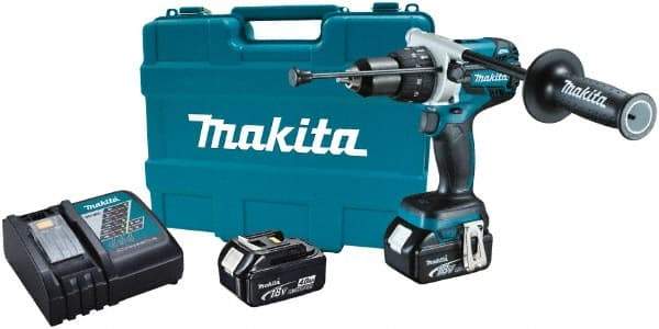 Makita - 18 Volt 1/2" Keyless Chuck Cordless Hammer Drill - 0 to 34,000 BPM, 0 to 400 & 0 to 1,500 RPM, Reversible, Ergonomic Handle - Exact Tool & Supply