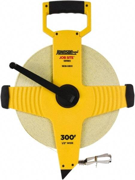 Johnson Level & Tool - 300' x 1/2" Tape Measure - 1/8" (Face) & 1/10" (Back) Graduation, Inch Graduation Style - Exact Tool & Supply