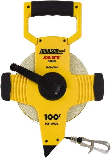Johnson Level & Tool - 100' x 1/2" Tape Measure - 1/8" (Face) & 1/10" (Back) Graduation, Inch Graduation Style - Exact Tool & Supply