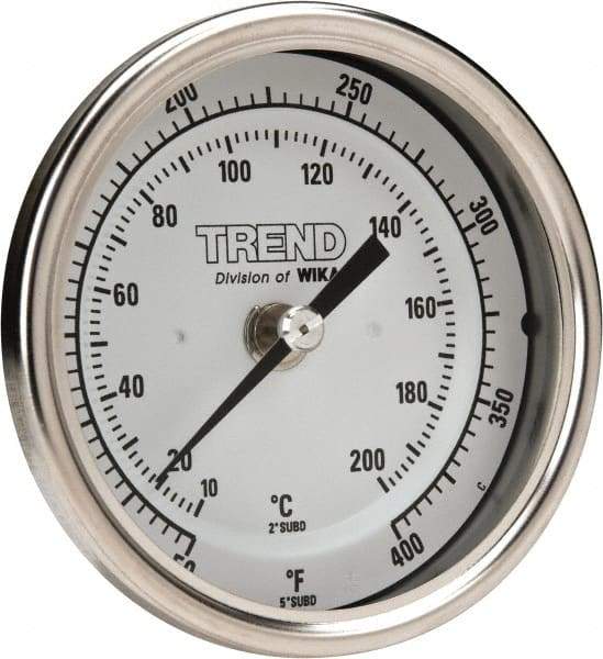 Wika - 2-1/2 Inch Long Stem, 3 Inch Dial Diameter, Stainless Steel, Back Connected Bi-Metal Thermometer - 10 to 200°C, 1% Accuracy - Exact Tool & Supply
