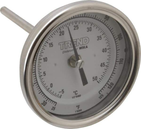 Wika - 4 Inch Long Stem, 3 Inch Dial Diameter, Stainless Steel, Back Connected Bi-Metal Thermometer - -5 to 50°C, 1% Accuracy - Exact Tool & Supply