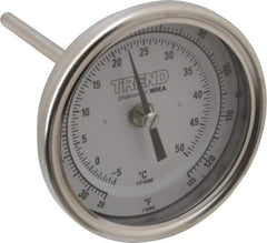 Wika - 4 Inch Long Stem, 3 Inch Dial Diameter, Stainless Steel, Back Connected Bi-Metal Thermometer - -5 to 50°C, 1% Accuracy - Exact Tool & Supply