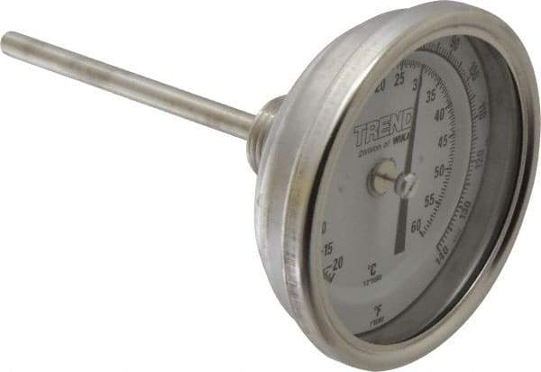 Wika - 4 Inch Long Stem, 3 Inch Dial Diameter, Stainless Steel, Back Connected Bi-Metal Thermometer - -20 to 60°C, 1% Accuracy - Exact Tool & Supply