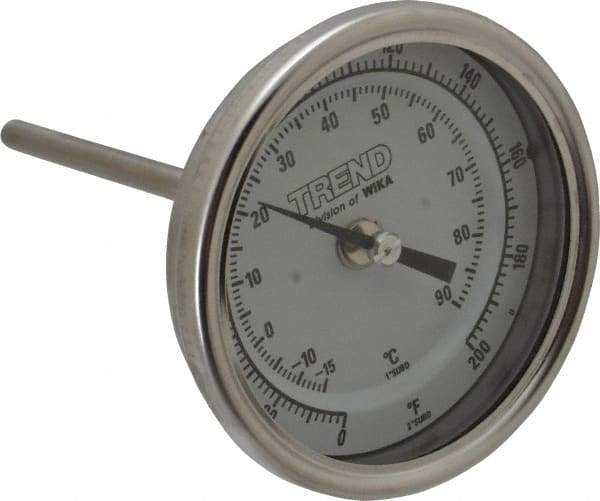 Wika - 4 Inch Long Stem, 3 Inch Dial Diameter, Stainless Steel, Back Connected Bi-Metal Thermometer - -15 to 90°C, 1% Accuracy - Exact Tool & Supply