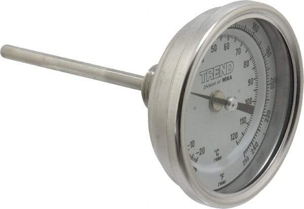 Wika - 4 Inch Long Stem, 3 Inch Dial Diameter, Stainless Steel, Back Connected Bi-Metal Thermometer - -20 to 120°C, 1% Accuracy - Exact Tool & Supply