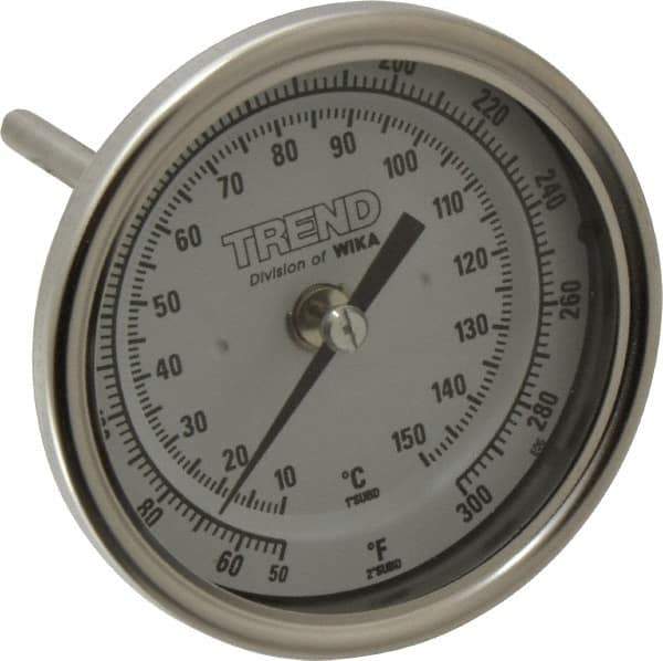 Wika - 4 Inch Long Stem, 3 Inch Dial Diameter, Stainless Steel, Back Connected Bi-Metal Thermometer - 10 to 150°C, 1% Accuracy - Exact Tool & Supply