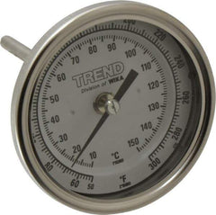 Wika - 4 Inch Long Stem, 3 Inch Dial Diameter, Stainless Steel, Back Connected Bi-Metal Thermometer - 10 to 150°C, 1% Accuracy - Exact Tool & Supply