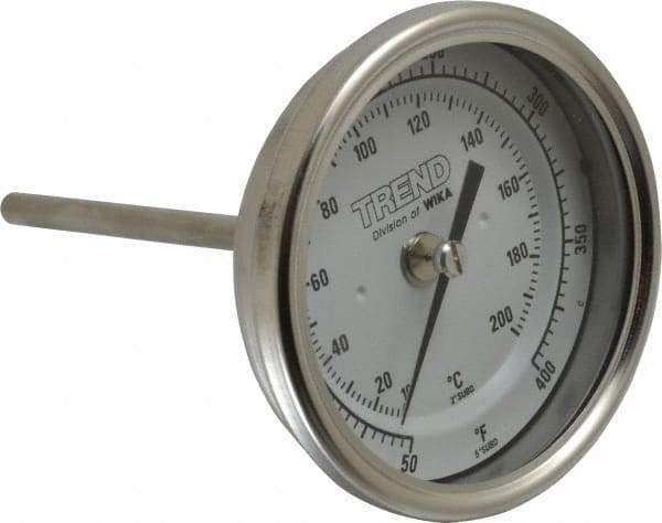 Wika - 4 Inch Long Stem, 3 Inch Dial Diameter, Stainless Steel, Back Connected Bi-Metal Thermometer - 10 to 200°C, 1% Accuracy - Exact Tool & Supply