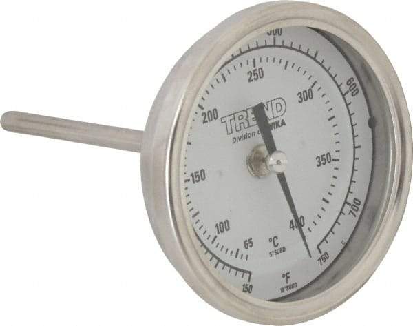 Wika - 4 Inch Long Stem, 3 Inch Dial Diameter, Stainless Steel, Back Connected Bi-Metal Thermometer - 65 to 400°C, 1% Accuracy - Exact Tool & Supply