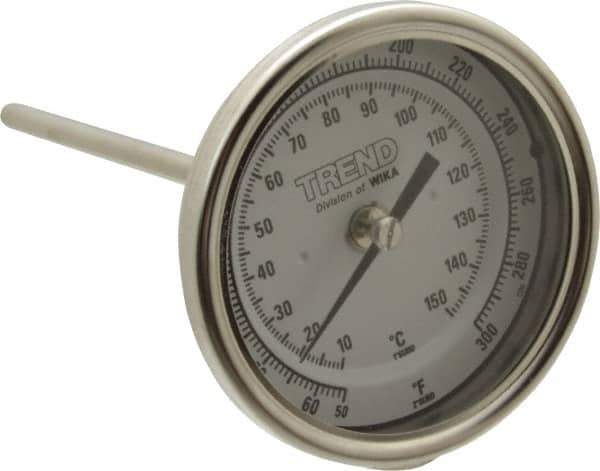 Wika - 6 Inch Long Stem, 3 Inch Dial Diameter, Stainless Steel, Back Connected Bi-Metal Thermometer - 10 to 150°C, 1% Accuracy - Exact Tool & Supply