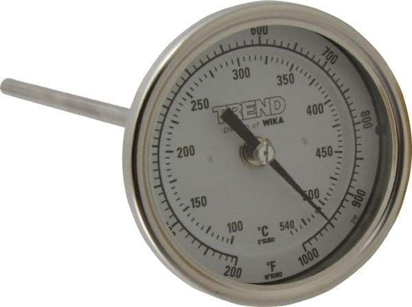 Wika - 9 Inch Long Stem, 3 Inch Dial Diameter, Stainless Steel, Back Connected Bi-Metal Thermometer - 100 to 540°C, 1% Accuracy - Exact Tool & Supply