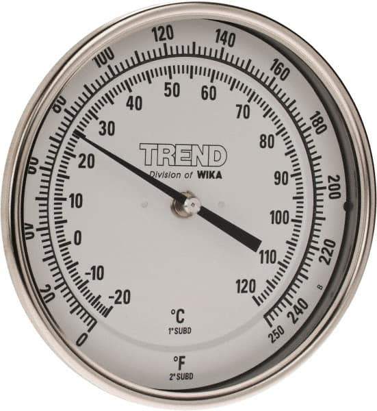 Wika - 2-1/2 Inch Long Stem, 5 Inch Dial Diameter, Stainless Steel, Back Connected Bi-Metal Thermometer - -20 to 120°C, 1% Accuracy - Exact Tool & Supply