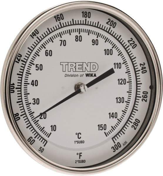 Wika - 2-1/2 Inch Long Stem, 5 Inch Dial Diameter, Stainless Steel, Back Connected Bi-Metal Thermometer - 10 to 150°C, 1% Accuracy - Exact Tool & Supply