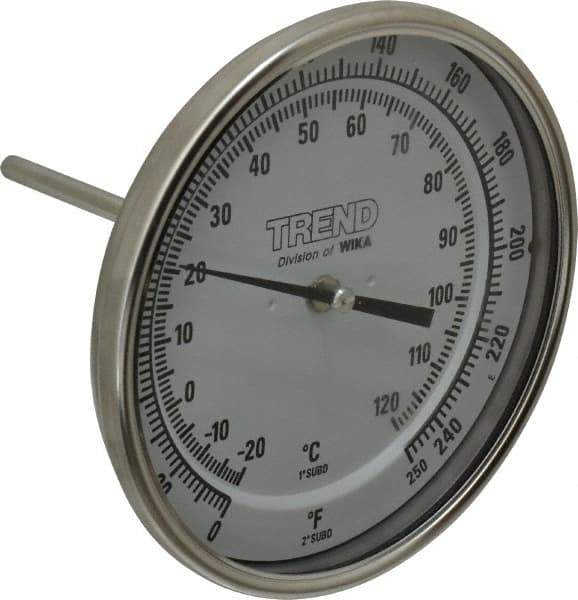 Wika - 4 Inch Long Stem, 5 Inch Dial Diameter, Stainless Steel, Back Connected Bi-Metal Thermometer - -20 to 120°C, 1% Accuracy - Exact Tool & Supply