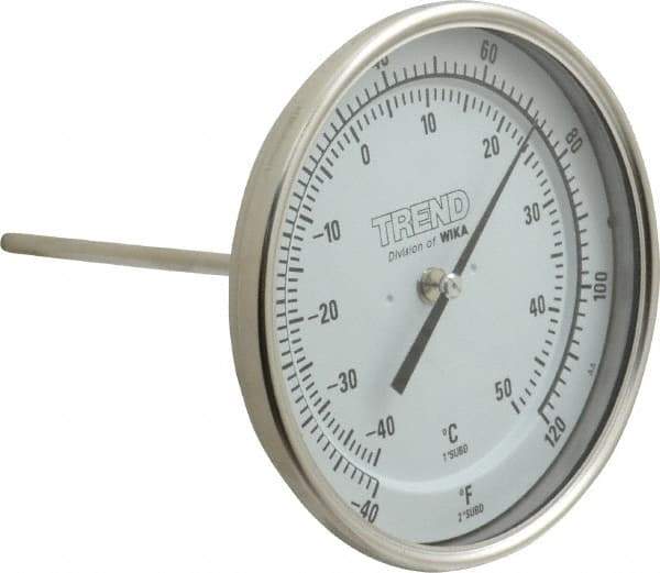 Wika - 6 Inch Long Stem, 5 Inch Dial Diameter, Stainless Steel, Back Connected Bi-Metal Thermometer - -40 to 50°C, 1% Accuracy - Exact Tool & Supply