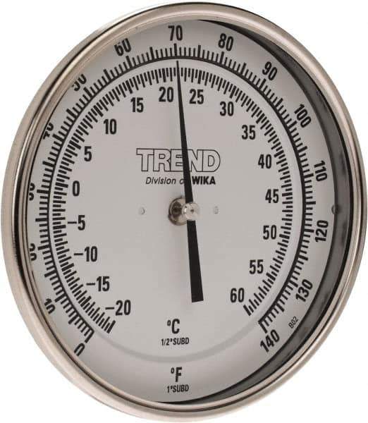 Wika - 6 Inch Long Stem, 5 Inch Dial Diameter, Stainless Steel, Back Connected Bi-Metal Thermometer - -20 to 60°C, 1% Accuracy - Exact Tool & Supply
