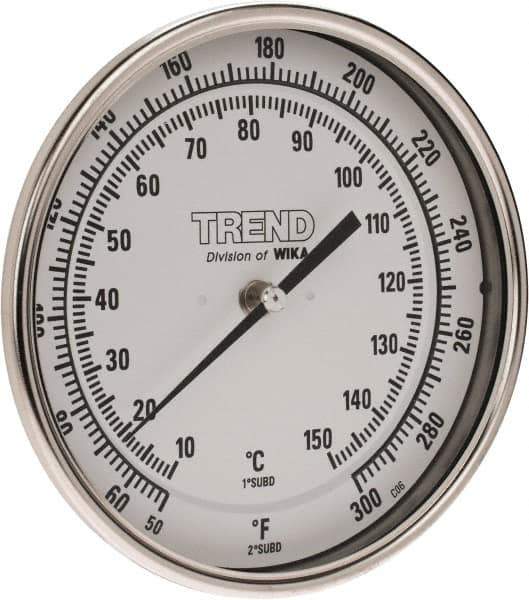 Wika - 6 Inch Long Stem, 5 Inch Dial Diameter, Stainless Steel, Back Connected Bi-Metal Thermometer - 10 to 150°C, 1% Accuracy - Exact Tool & Supply