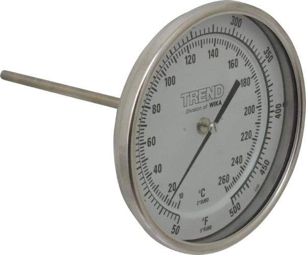 Wika - 6 Inch Long Stem, 5 Inch Dial Diameter, Stainless Steel, Back Connected Bi-Metal Thermometer - 10 to 260°C, 1% Accuracy - Exact Tool & Supply