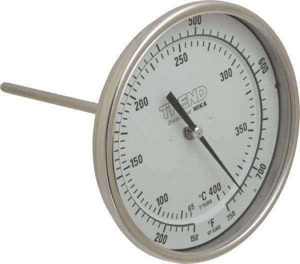 Wika - 6 Inch Long Stem, 5 Inch Dial Diameter, Stainless Steel, Back Connected Bi-Metal Thermometer - 65 to 400°C, 1% Accuracy - Exact Tool & Supply