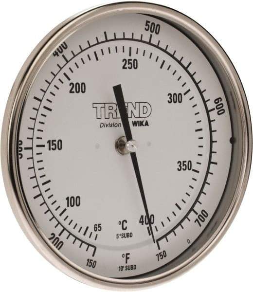 Wika - 9 Inch Long Stem, 5 Inch Dial Diameter, Stainless Steel, Back Connected Bi-Metal Thermometer - 65 to 400°C, 1% Accuracy - Exact Tool & Supply