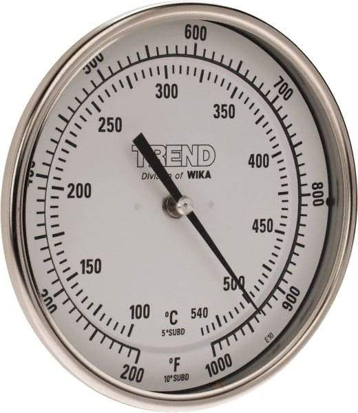 Wika - 9 Inch Long Stem, 5 Inch Dial Diameter, Stainless Steel, Back Connected Bi-Metal Thermometer - 100 to 540°C, 1% Accuracy - Exact Tool & Supply