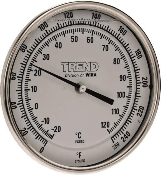 Wika - 2-1/2 Inch Long Stem, 5 Inch Dial Diameter, Stainless Steel, Back Connected Bi-Metal Thermometer - -20 to 120°C, 1% Accuracy - Exact Tool & Supply