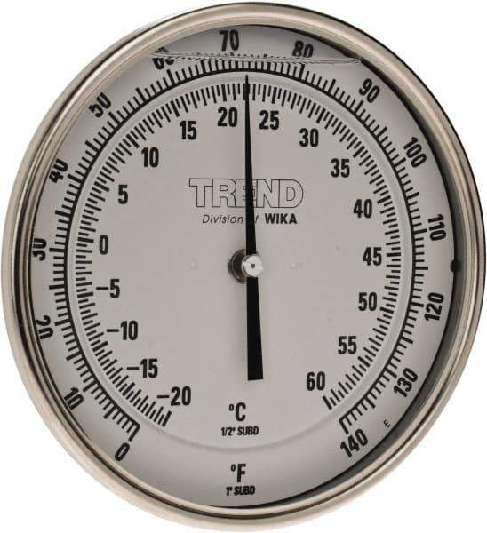 Wika - 4 Inch Long Stem, 5 Inch Dial Diameter, Stainless Steel, Back Connected Bi-Metal Thermometer - -20 to 60°C, 1% Accuracy - Exact Tool & Supply