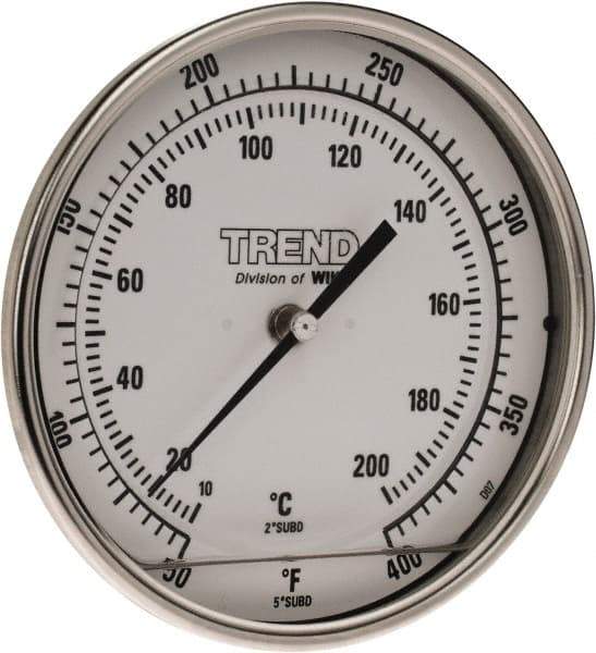 Wika - 4 Inch Long Stem, 5 Inch Dial Diameter, Stainless Steel, Back Connected Bi-Metal Thermometer - 10 to 200°C, 1% Accuracy - Exact Tool & Supply