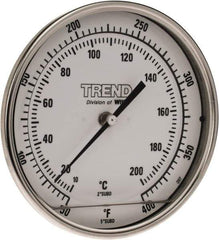 Wika - 4 Inch Long Stem, 5 Inch Dial Diameter, Stainless Steel, Back Connected Bi-Metal Thermometer - 10 to 200°C, 1% Accuracy - Exact Tool & Supply