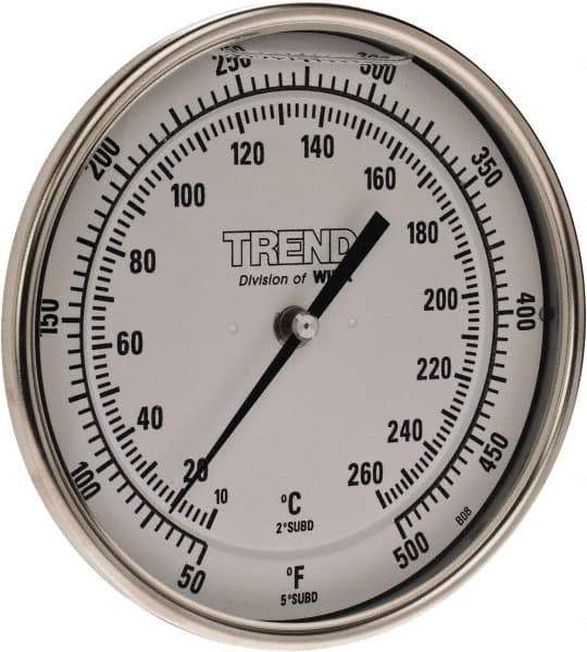 Wika - 4 Inch Long Stem, 5 Inch Dial Diameter, Stainless Steel, Back Connected Bi-Metal Thermometer - 10 to 260°C, 1% Accuracy - Exact Tool & Supply