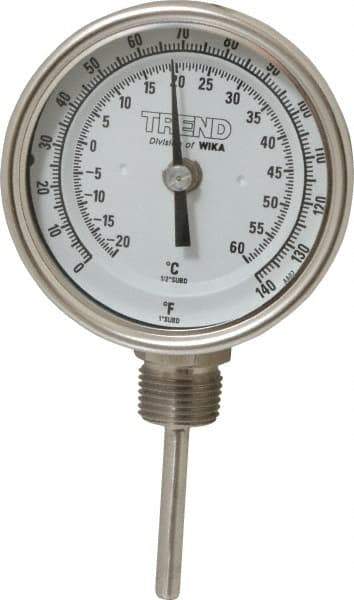 Wika - 2-1/2 Inch Long Stem, 3 Inch Dial Diameter, Stainless Steel, Bottom Connected Bi-Metal Thermometer - -20 to 60°C, 1% Accuracy - Exact Tool & Supply