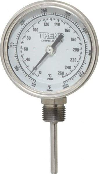 Wika - 2-1/2 Inch Long Stem, 3 Inch Dial Diameter, Stainless Steel, Bottom Connected Bi-Metal Thermometer - 10 to 260°C, 1% Accuracy - Exact Tool & Supply