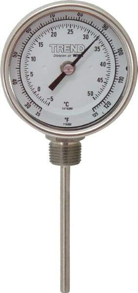 Wika - 4 Inch Long Stem, 3 Inch Dial Diameter, Stainless Steel, Bottom Connected Bi-Metal Thermometer - -5 to 50°C, 1% Accuracy - Exact Tool & Supply