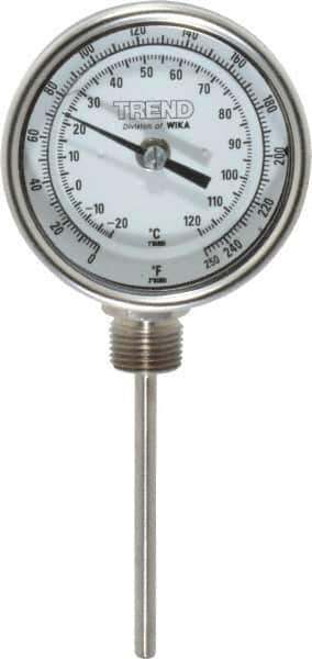 Wika - 4 Inch Long Stem, 3 Inch Dial Diameter, Stainless Steel, Bottom Connected Bi-Metal Thermometer - -20 to 120°C, 1% Accuracy - Exact Tool & Supply