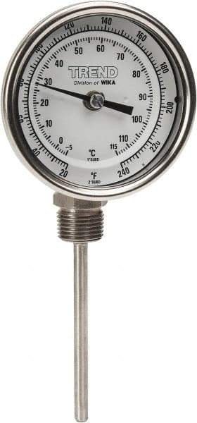 Wika - 4 Inch Long Stem, 3 Inch Dial Diameter, Stainless Steel, Bottom Connected Bi-Metal Thermometer - -5 to 115°C, 1% Accuracy - Exact Tool & Supply