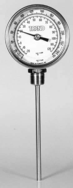 Wika - 9 Inch Long Stem, Stainless Steel, Bottom Connected Bi-Metal Thermometer - -5 to 115°C, 1% Accuracy - Exact Tool & Supply
