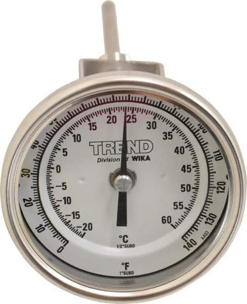 Wika - 4 Inch Long Stem, 3 Inch Dial Diameter, Stainless Steel, Adjustable Angle Bi-Metal Thermometer - -20 to 60°C, 1% Accuracy - Exact Tool & Supply