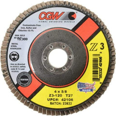 Camel Grinding Wheels - 120 Grit, 4" Disc Diam, 5/8" Center Hole, Type 27 Zirconia Alumina Flap Disc - 15,300 Max RPM, Poly Cotton Backing, Arbor Attaching System, Coated - Exact Tool & Supply